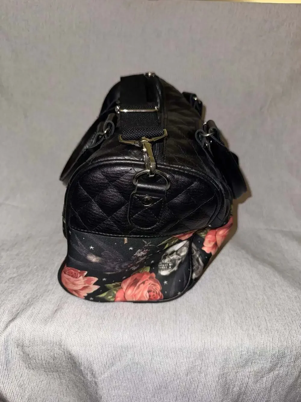 Liquorbrand Skull & Rose Quilted Satchel Bag Gothic Crossbody Purse Black Floral